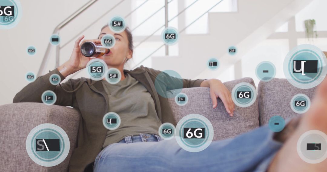 Woman Relaxing at Home Surrounded by Digital Connectivity Icons