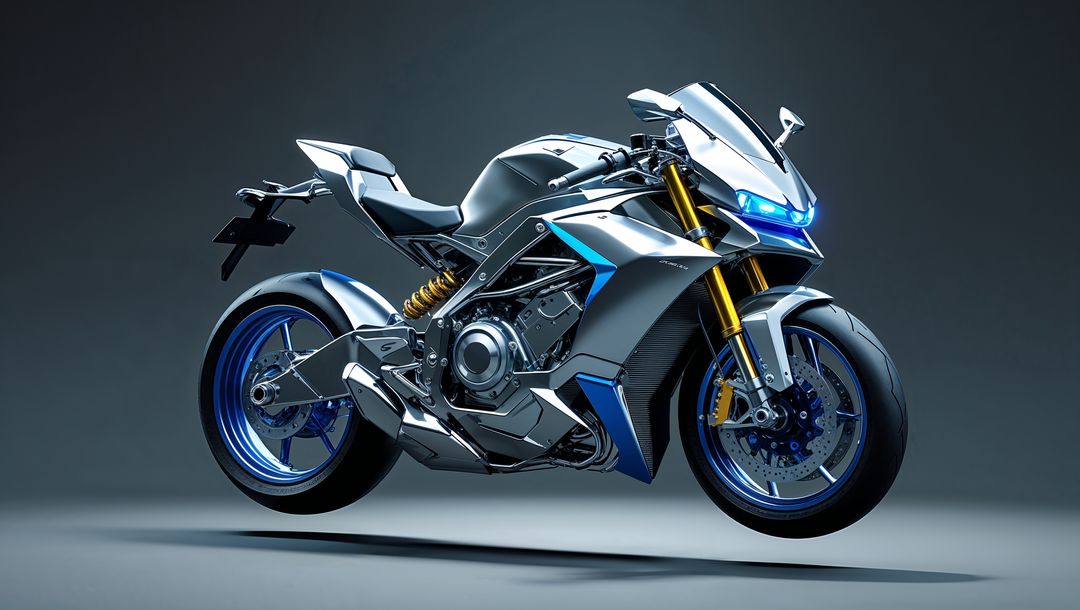 Futuristic silver-blue sport motorcycle with advanced design