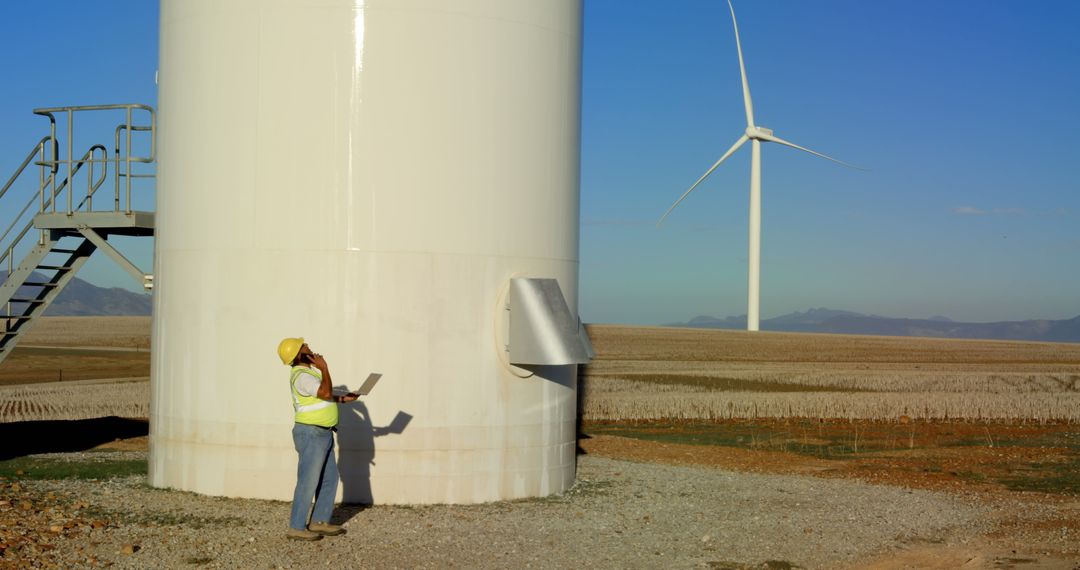 Engineer Inspecting Wind Turbine with Mobile and Laptop