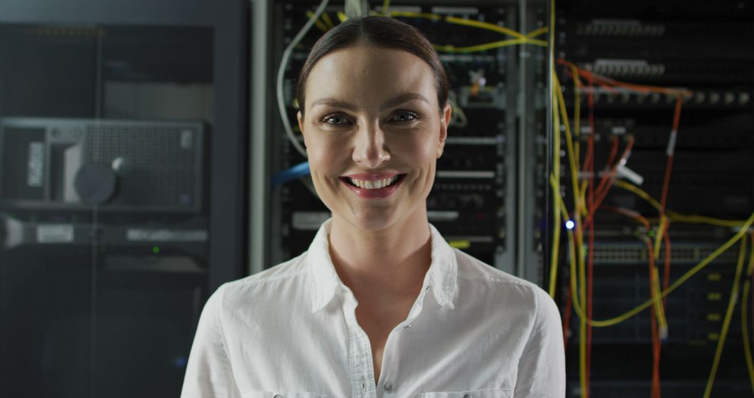 Smiling Female IT Specialist in Data Center with Servers - Free Images, Stock Photos and Pictures on Pikwizard.com