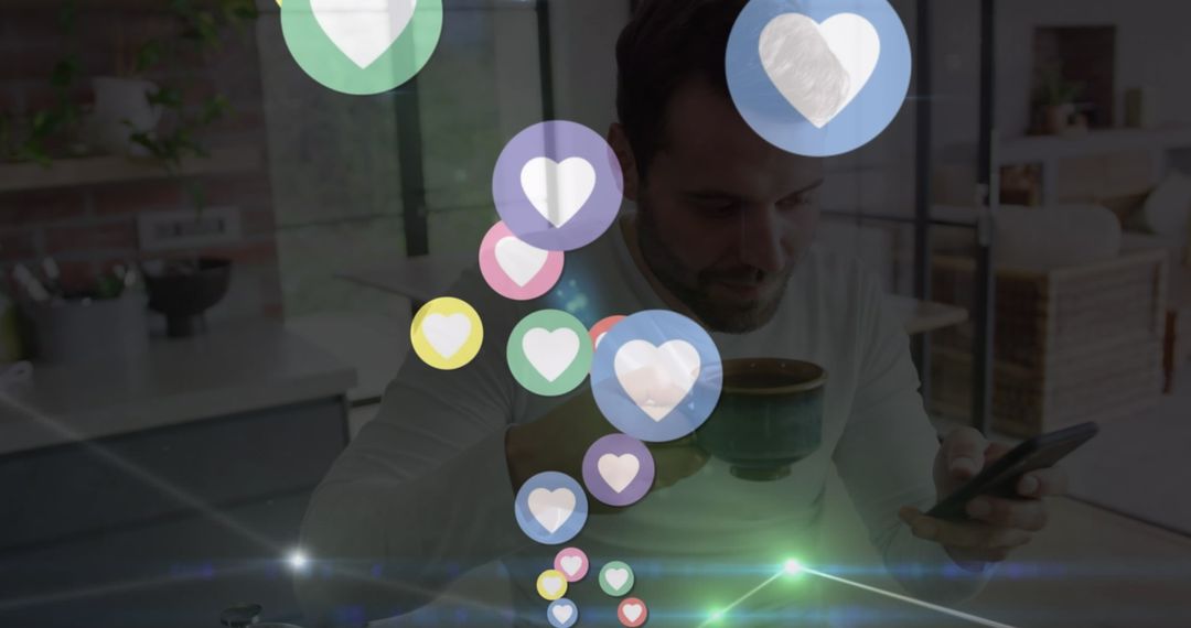 Man Enjoying Coffee at Home with Social Media Engagement Icons