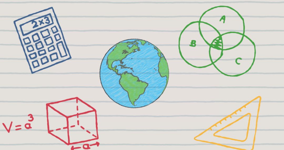 Hand Drawn Globe with Mathematical School Icons on Ruled Paper