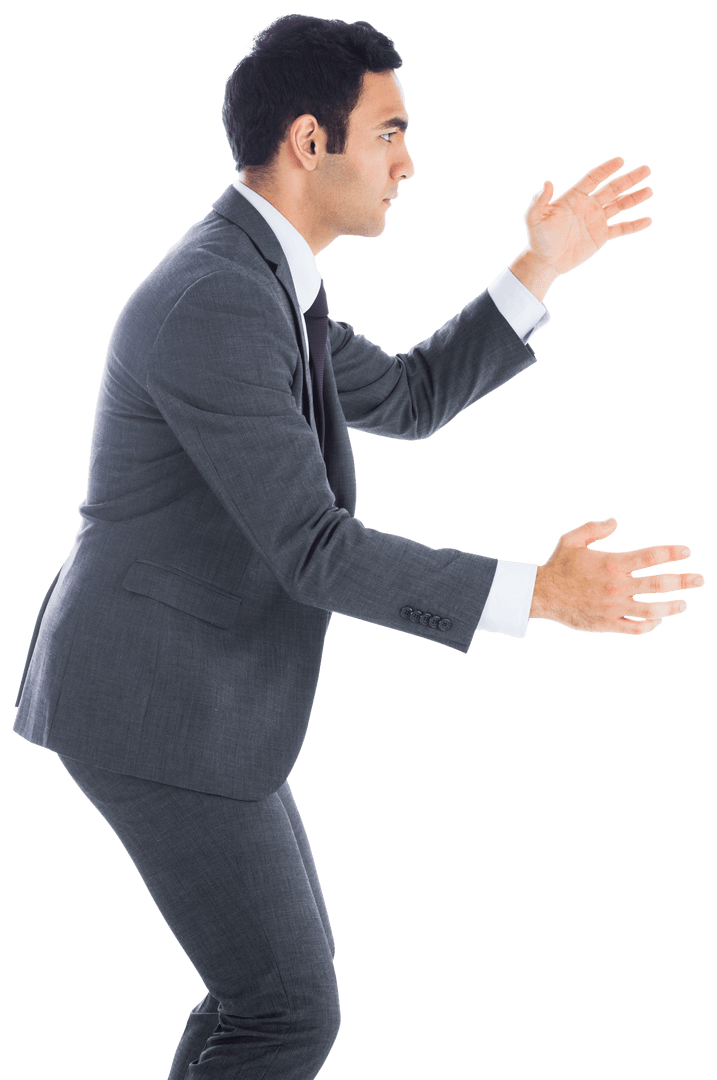 Biracial Businessman in Suit Gesturing on Transparent Background