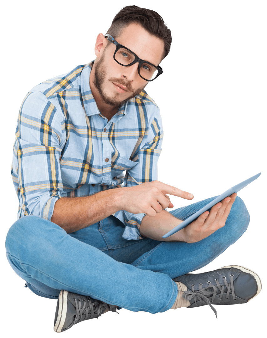 Young Man in Glasses Using Tablet Transparent Background