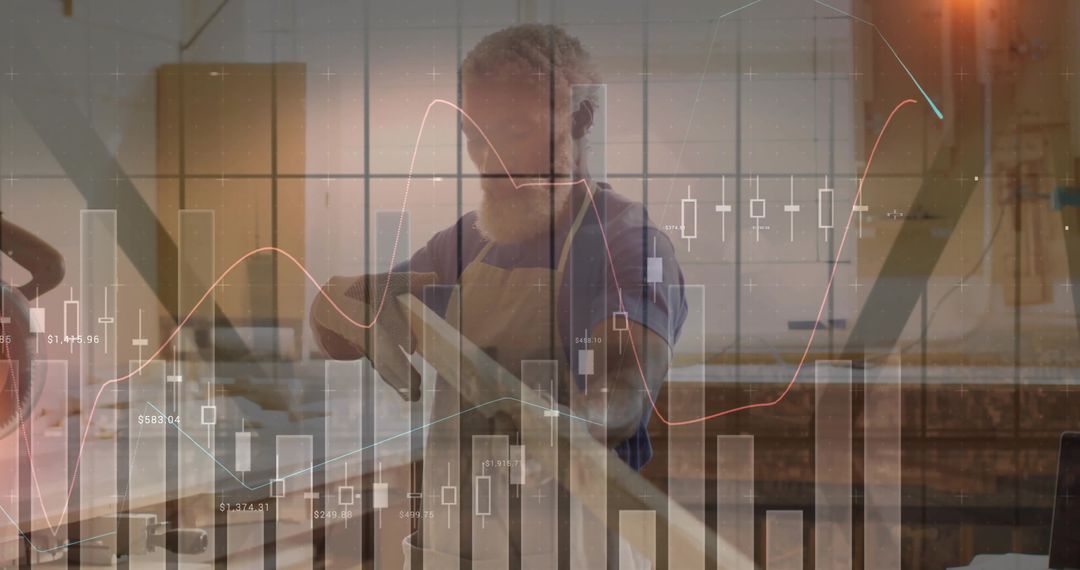 Carpenter Smoothing Wood with Overlaid Financial Charts