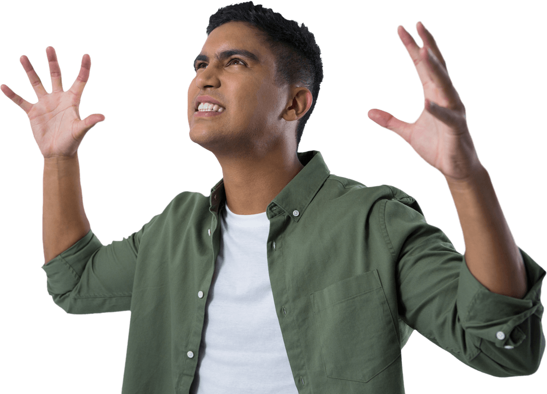 Frustrated Biracial Man Raising Hands on Transparent Background