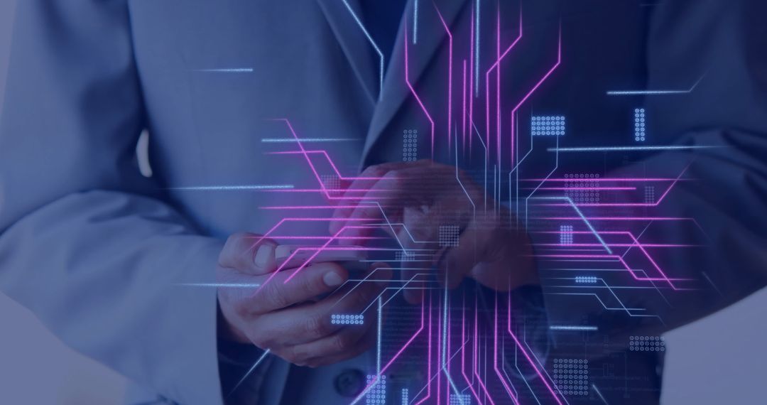 Businessman Interacting with Digital Circuit on Smartphone