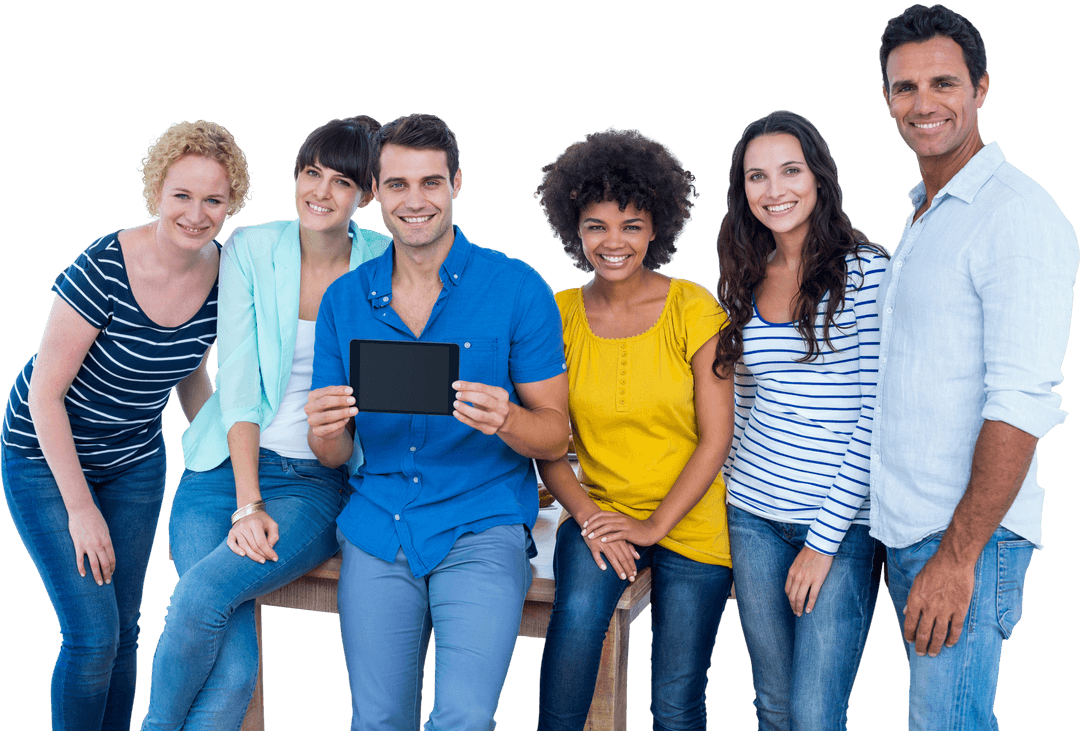 Diverse Team Holding Tablet Demonstrating Cooperation and Technology on Transparent Background