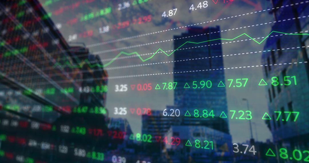 Dynamic Financial Charts Overlaying Urban Cityscape illustrating Market Trends