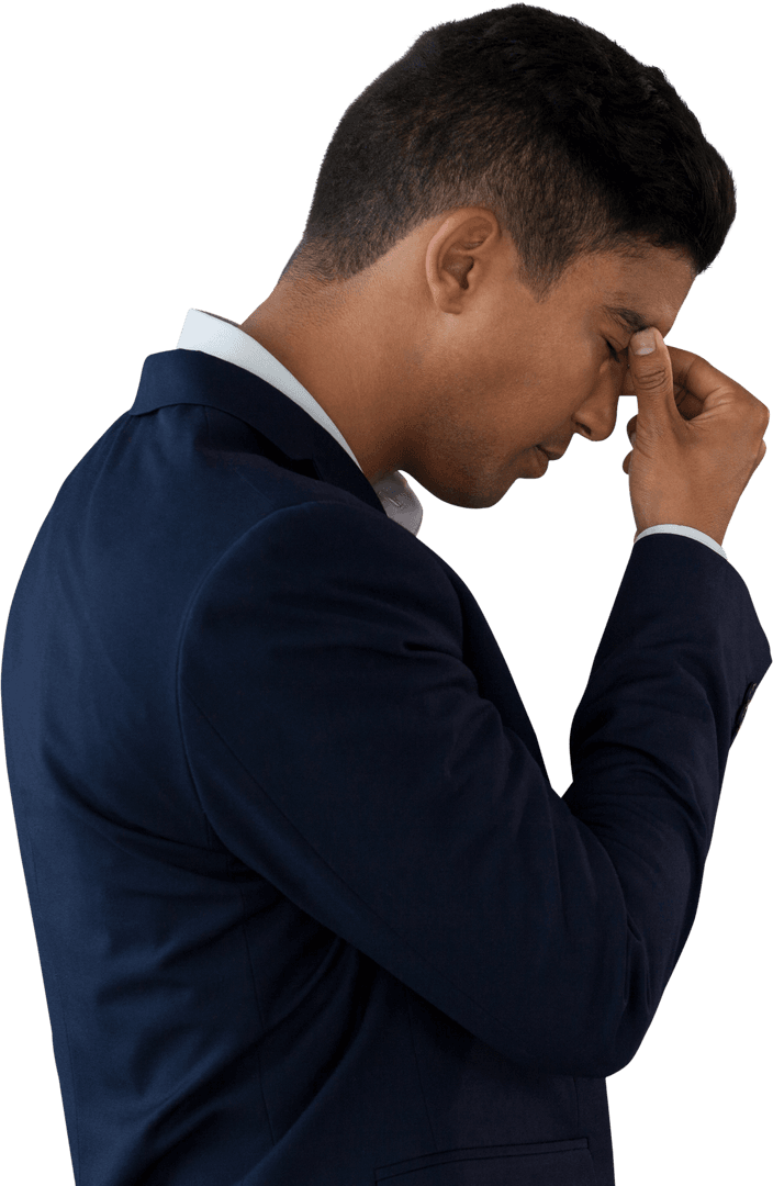 Transparent Businessman Experiencing Strong Headache in Profile View