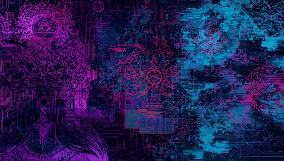 Cybernetic Silhouette with Mandalas and Circuitry in Purple and Blue