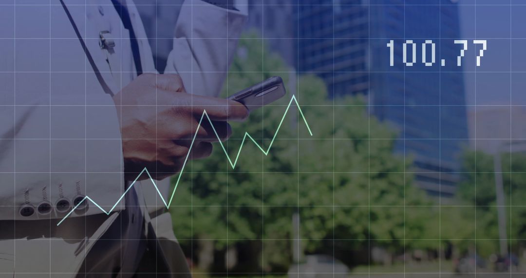 Business Professional Analyzing Line Graph on Smartphone Outdoors