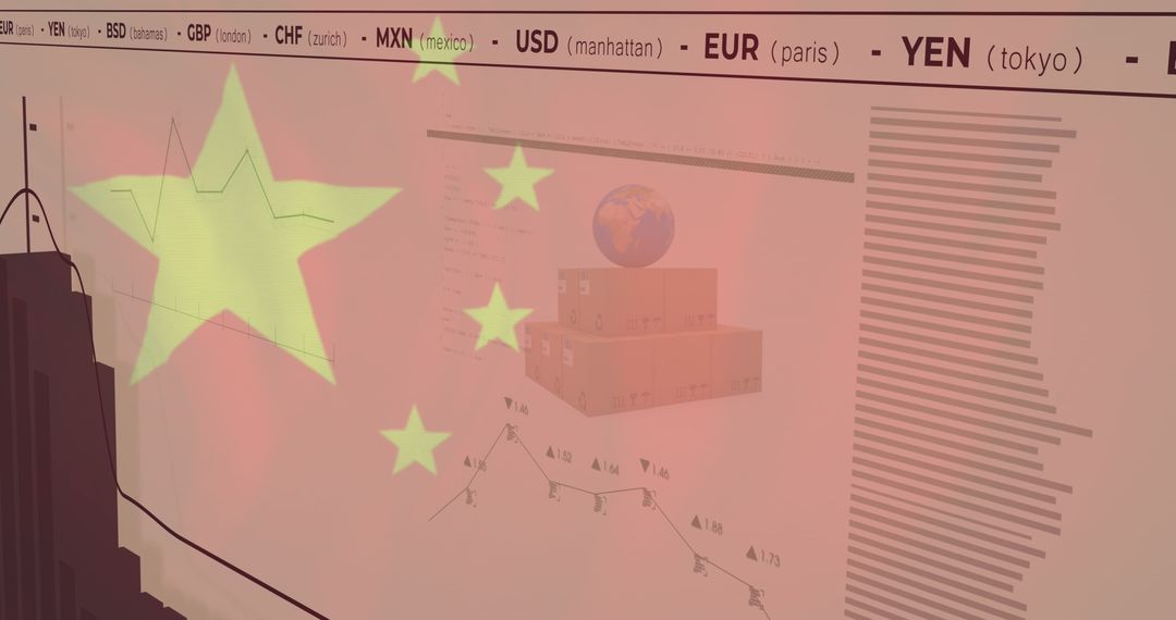 Digital Data Processing with China Flag and Global Finance Graphics