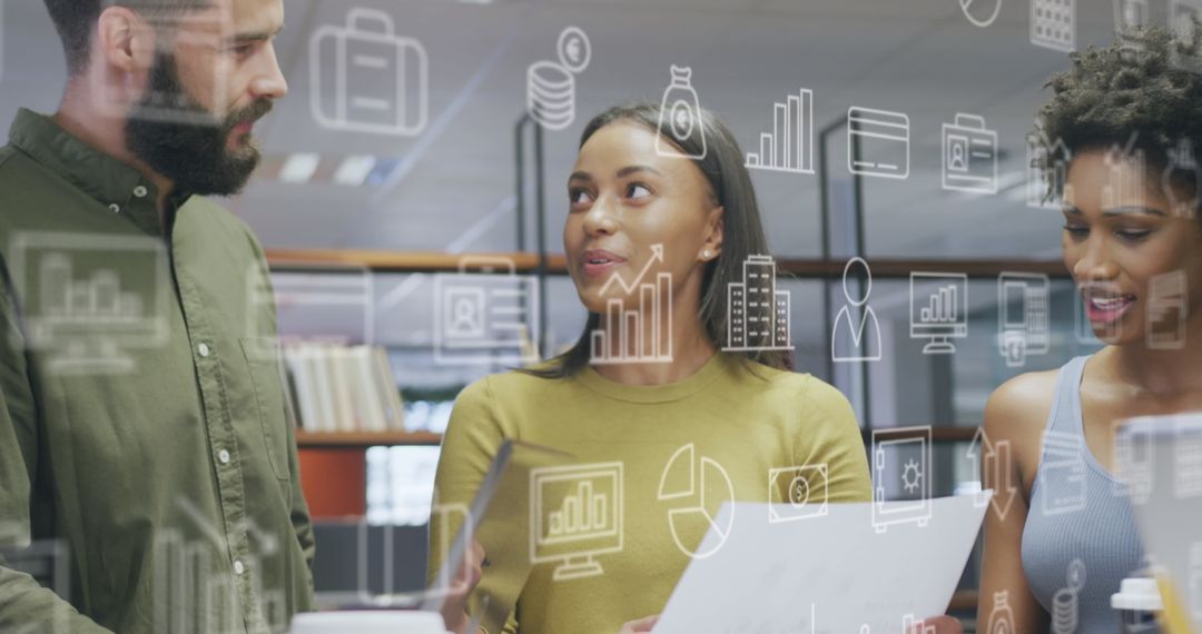 Creative Business Team Collaborating with Digital Icons Overlay