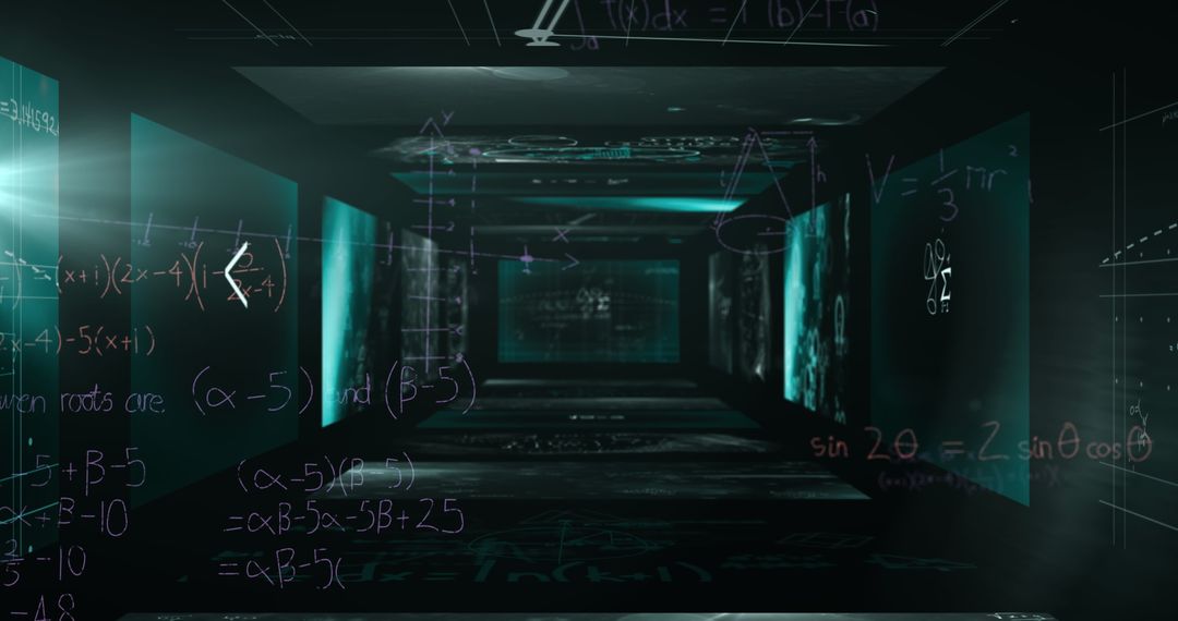 Futuristic Hallway with Holographic Equations