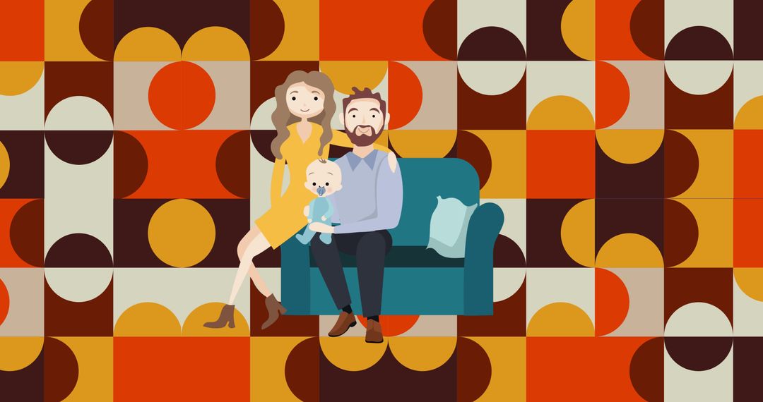 Retro Style Illustration of Happy Family on Couch