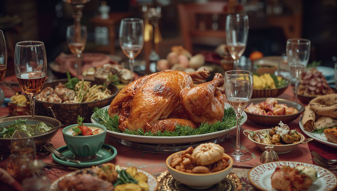 Festive Feast with Roasted Turkey and Elegant Table Settings