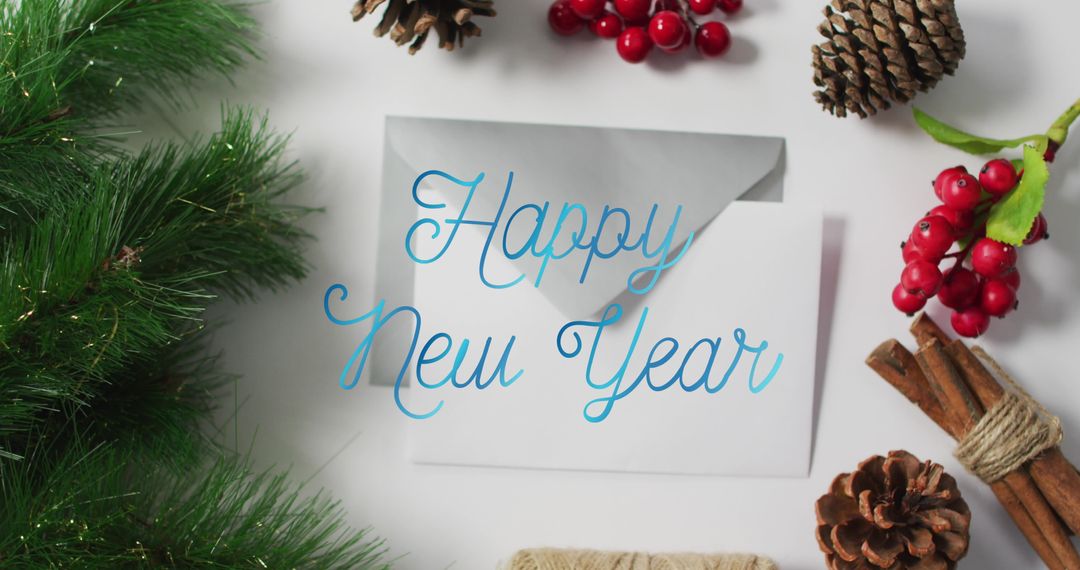 Happy New Year Greeting with Festive Decorations and Envelope