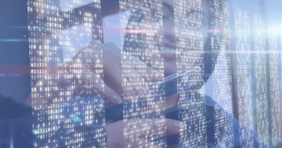 Futuristic Technology Guy Using Smartphone with Binary Code Overlay