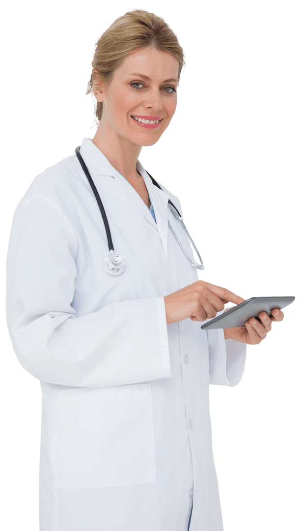 Transparent Female Doctor Smiling While Using Tablet