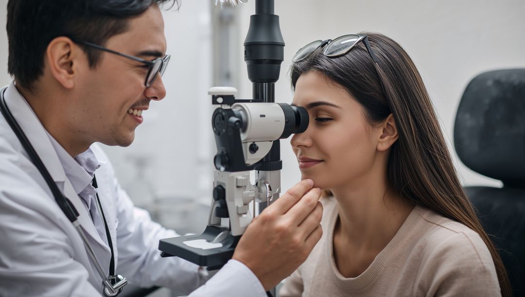 Optometrist Using Slit Lamp for Eye Examination on Patient
