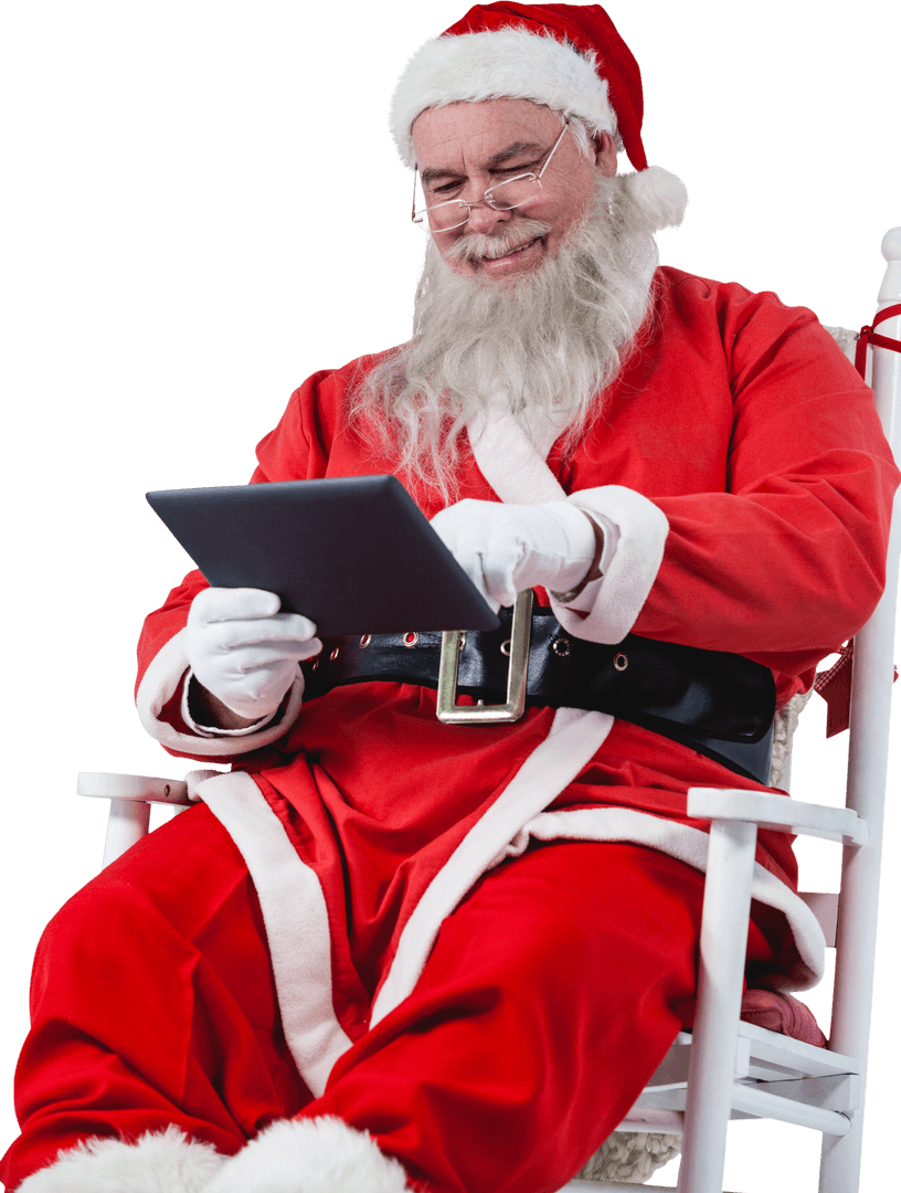 Transparent Santa Claus Using Digital Tablet Cheering Holiday Spirit