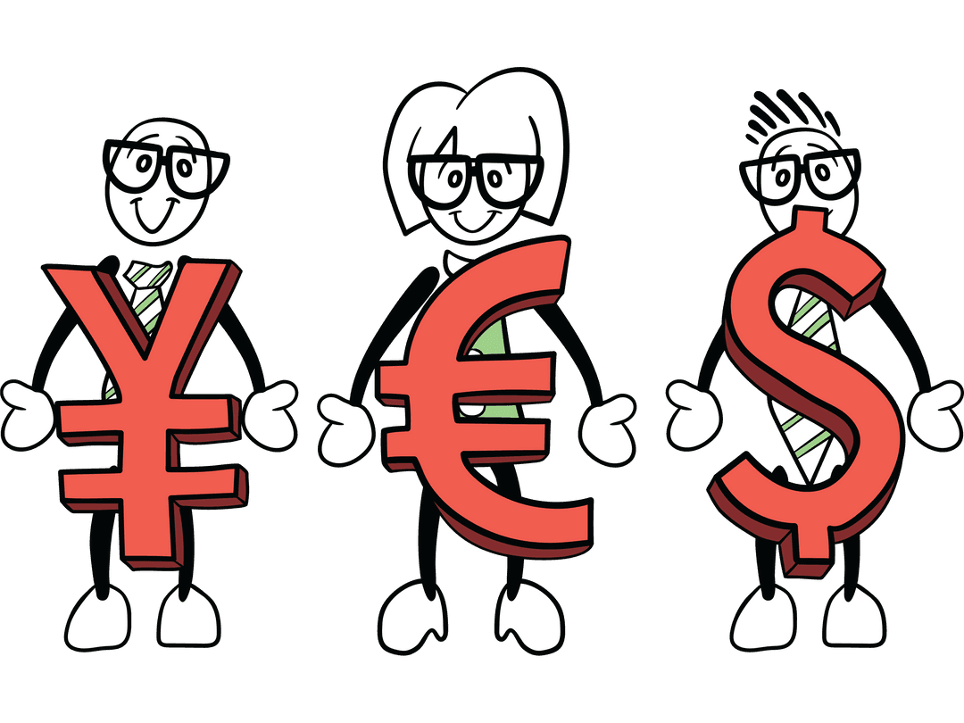 Cartoon Characters Holding Currency Symbols on Transparent Background