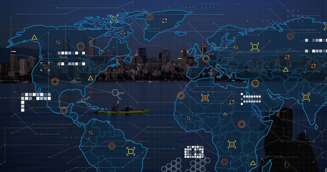 Global Business Data Network Overlapping City Skyline