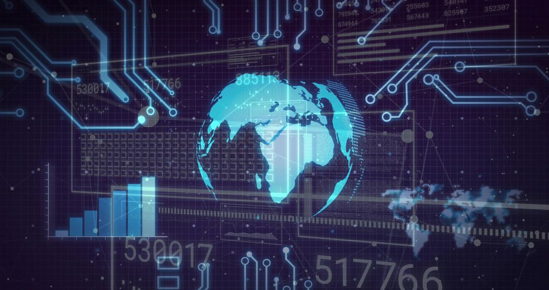 Cyan holographic globe over digital circuit grid visualizing global data flow analytics