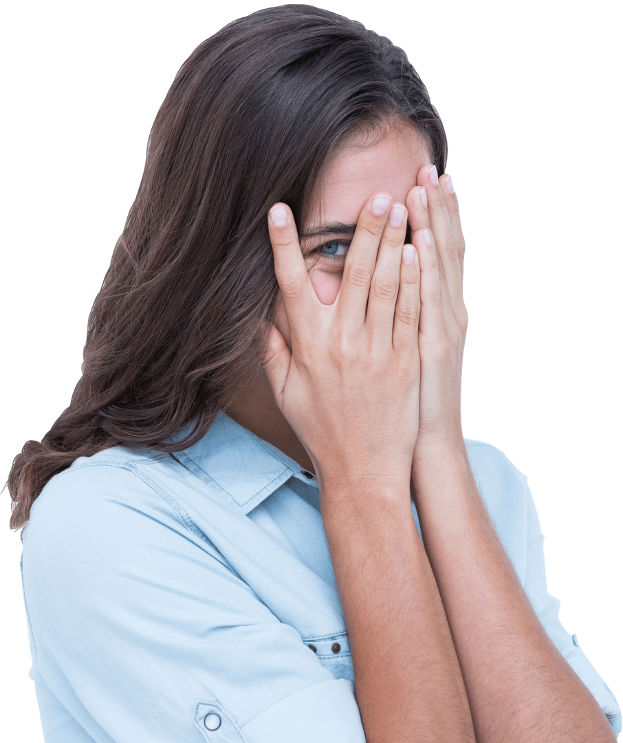 Woman Peeking through Fingers on Transparent Background