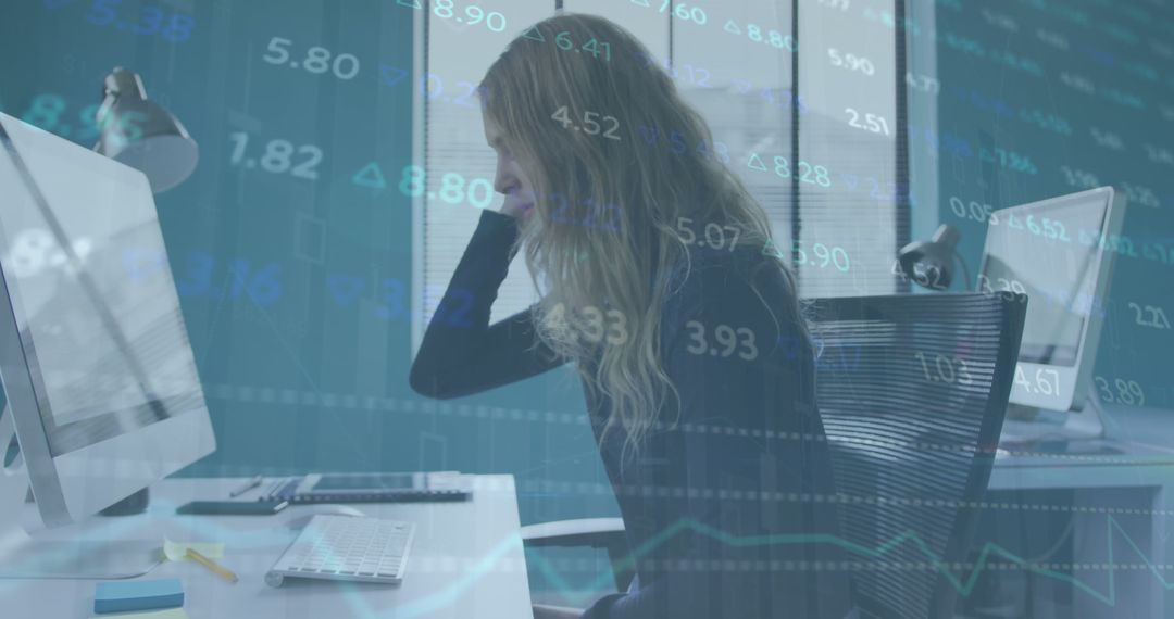 Image of stock market data processing against stressed caucasian woman working at office - Free Images, Stock Photos and Pictures on Pikwizard.com