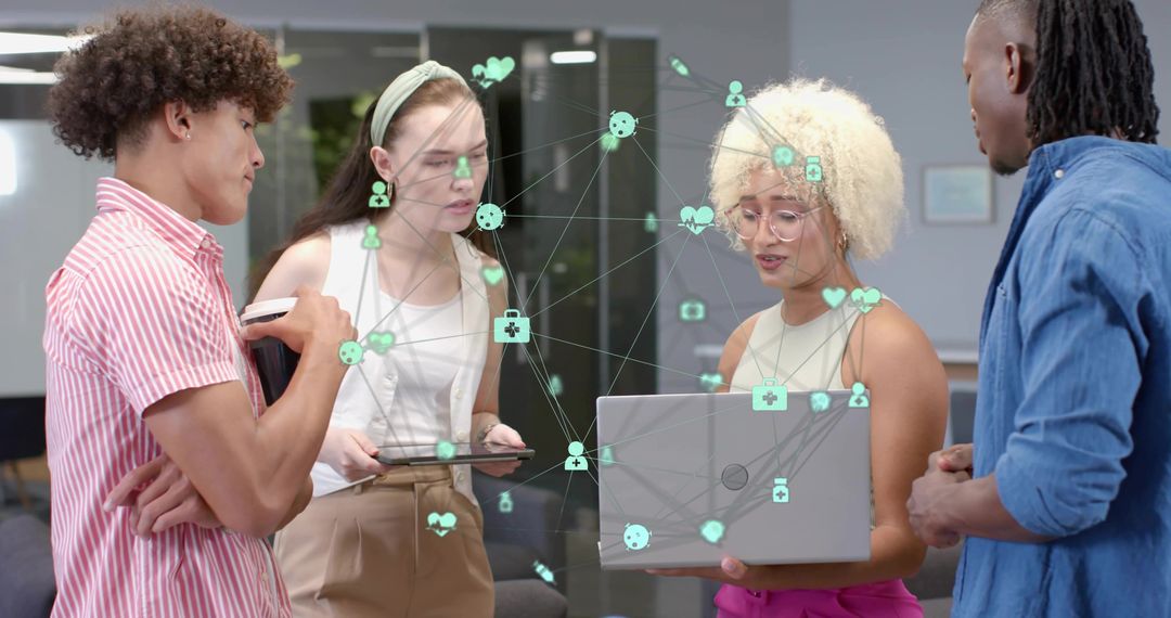 Collaborating around laptop with augmented reality network overlay in modern office lounge