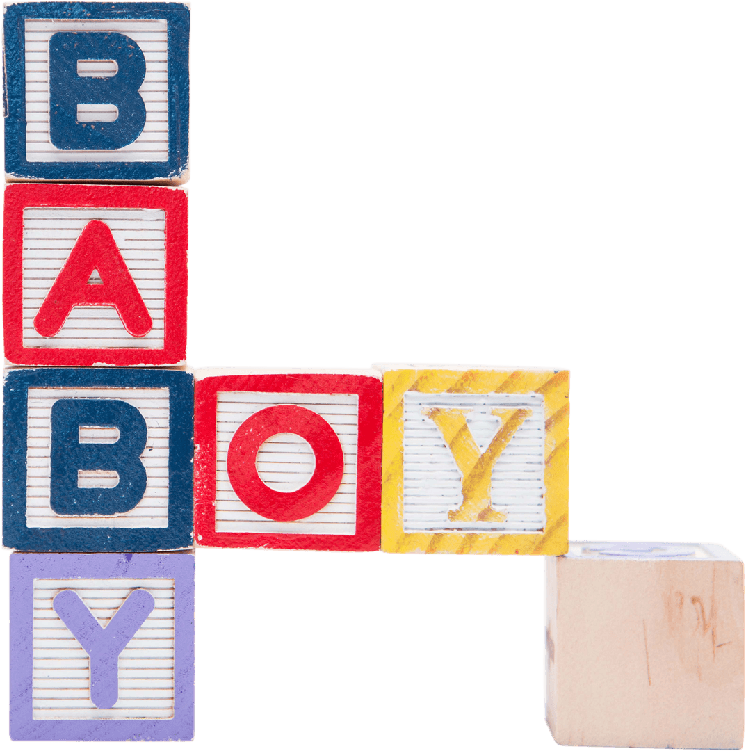 Toy Blocks Forming Transparent Baby Boy Text on White Background