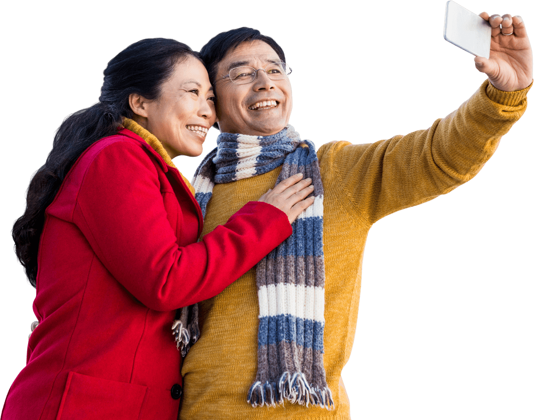 Happy Older Asian Couple Taking Selfie on Cold Day, Transparent Background