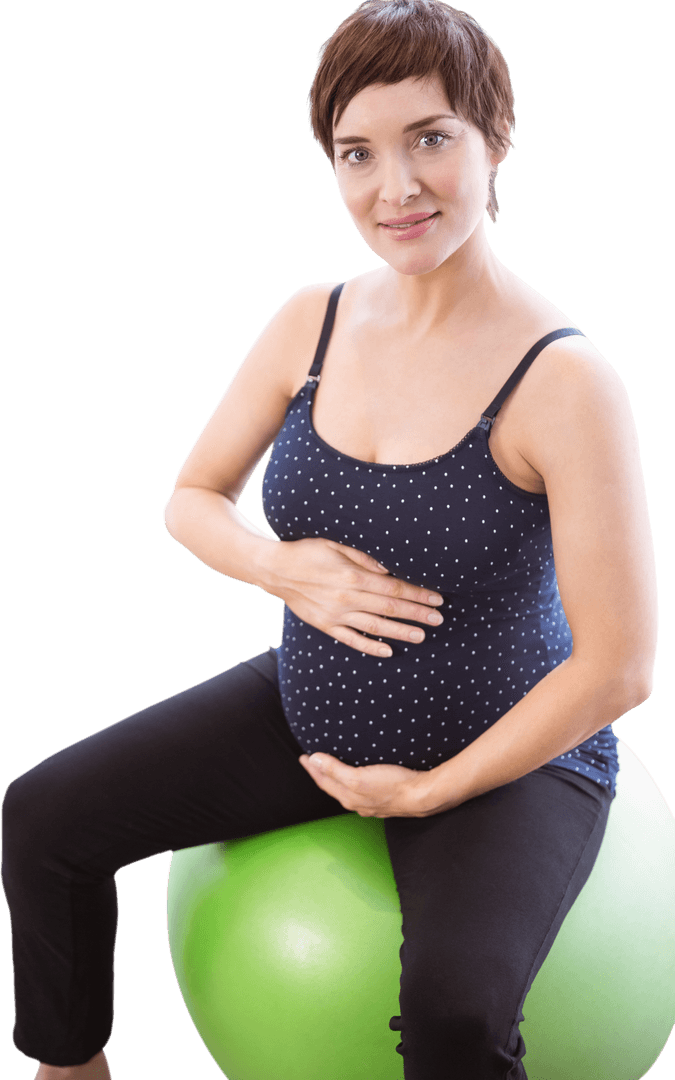 Transparent Expectant Mother on Exercise Ball Smiling Joyfully