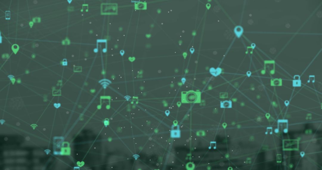Digital Network of Technology Icons Overlaying Cityscape