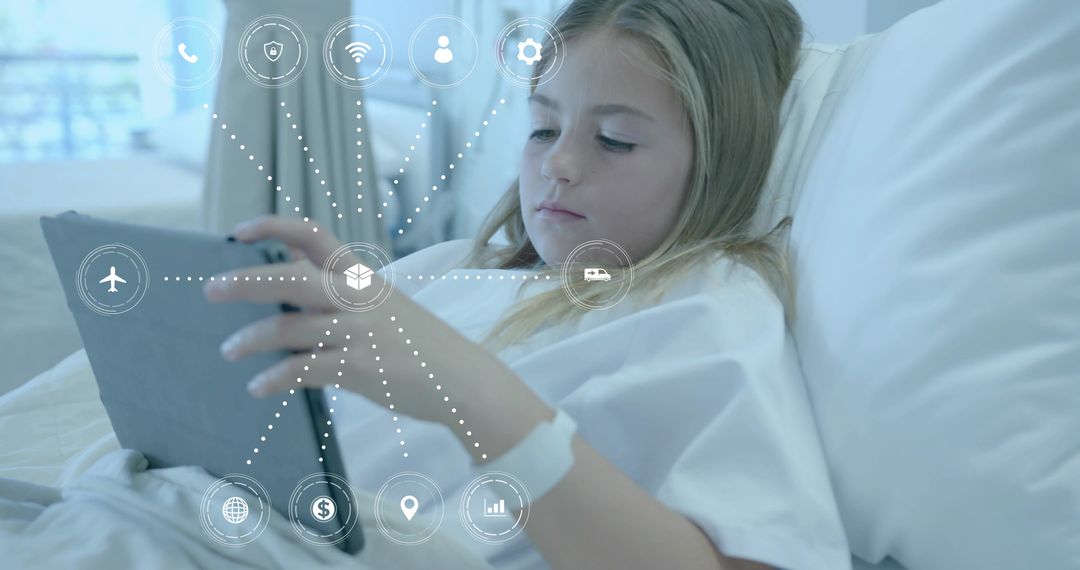 Child using tablet on hospital bed surrounded by floating digital healthcare icons