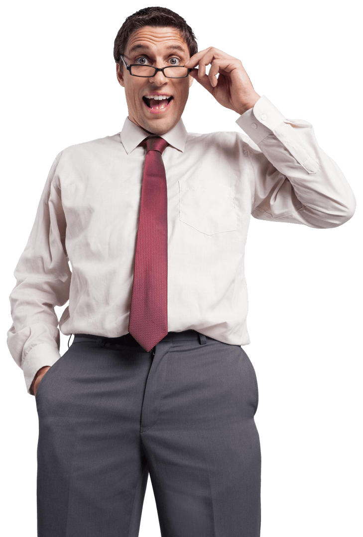 Surprised Businessman Adjusting Glasses on Transparent Background