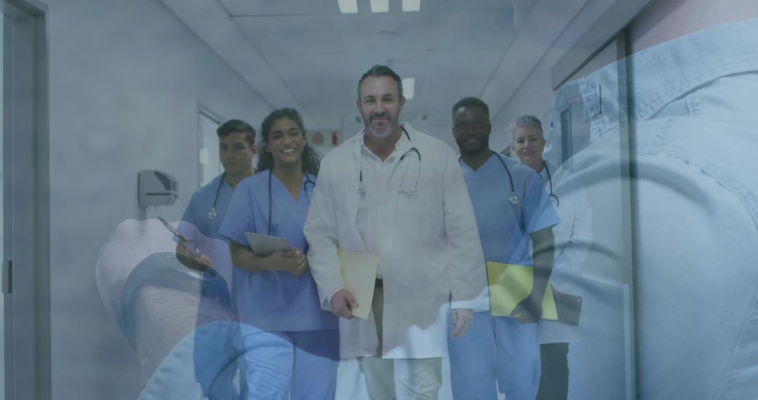 Hospital Team Walking Down Corridor Embracing Teamwork and Compassion