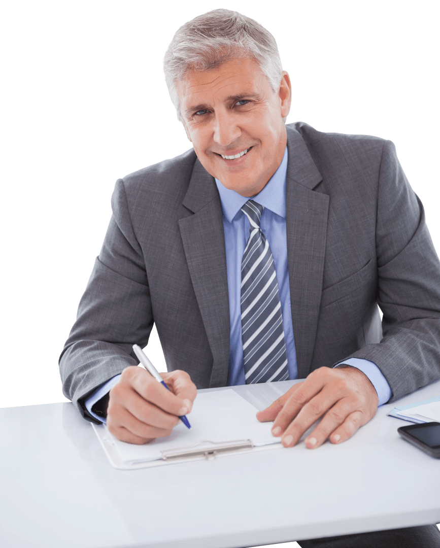 Transparent Office Businessman Signing Documents Happily Suit