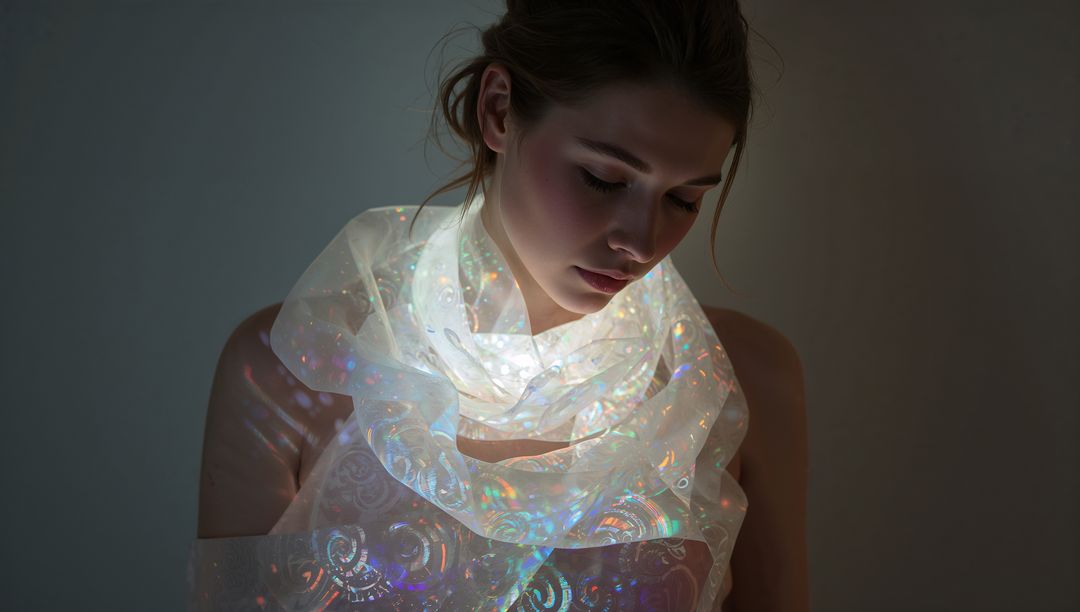 Tilting woman wearing iridescent holographic scarf reflecting prismatic light moody portrait