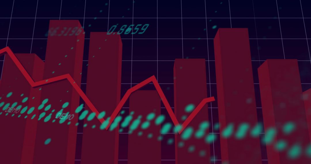 Neon Financial Chart Showing Declining Red 3D Bars With Cyan Data Point Glow