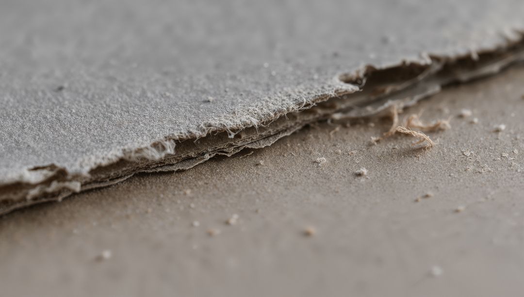 Torn layered cardboard edge revealing frayed fibers and dust macro texture closeup