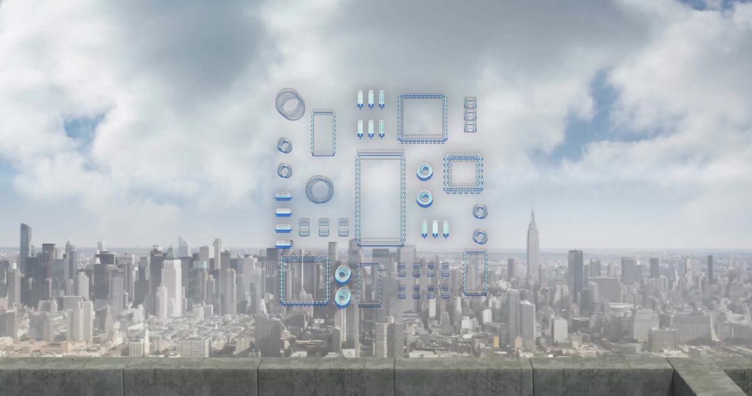 Abstract Circuit Board Over Urban Skyline Represents Data Connection