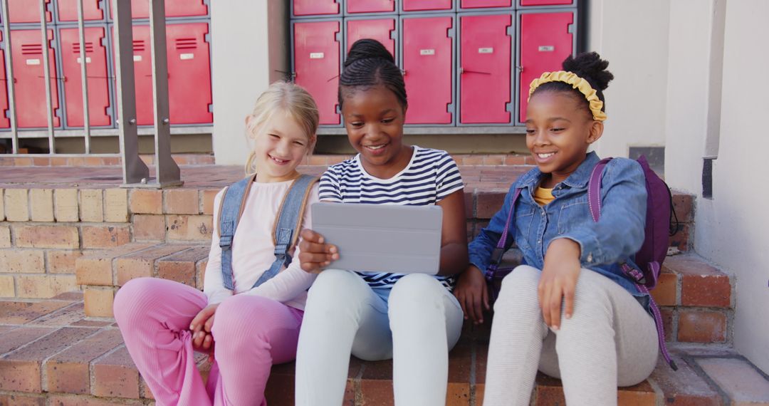Diverse Group of Smiling Schoolgirls Using Tablet on School Steps