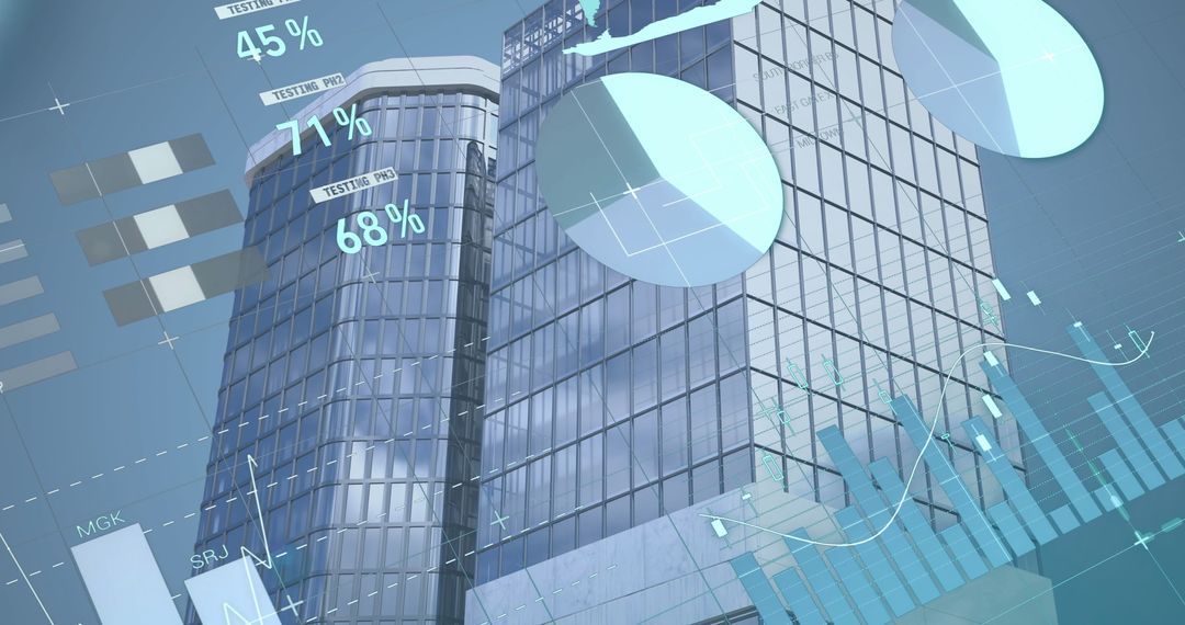 Financial Data Overlay on Modern Office Skyscrapers