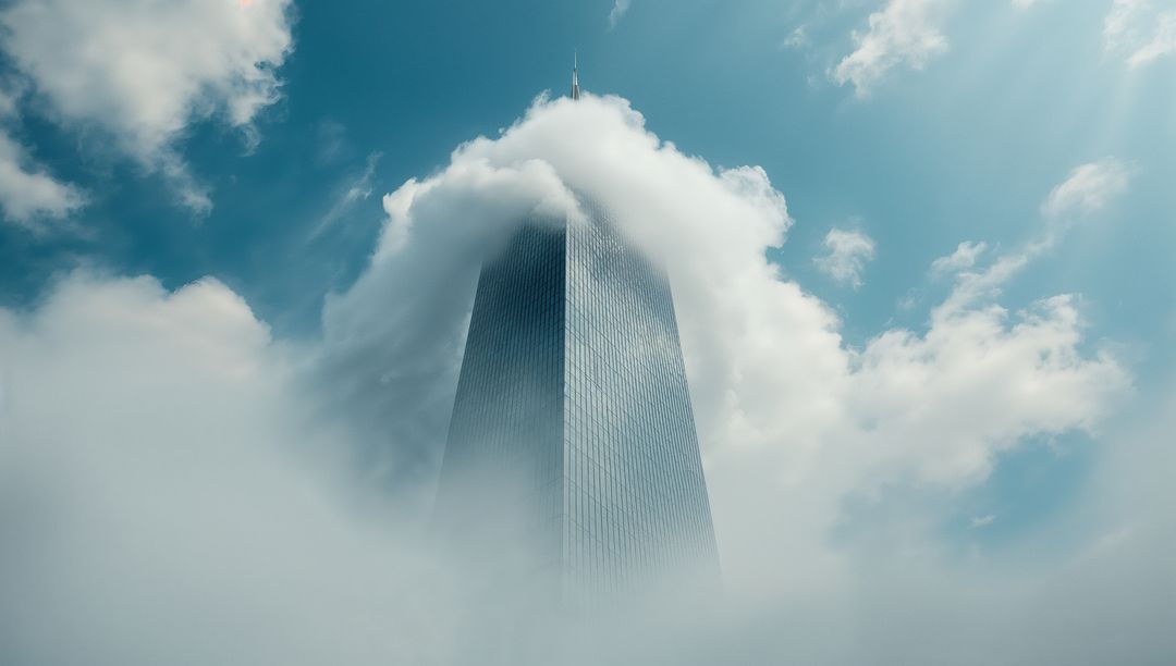 Skyscraper Penetrating Clouds with Minimalist Elegance
