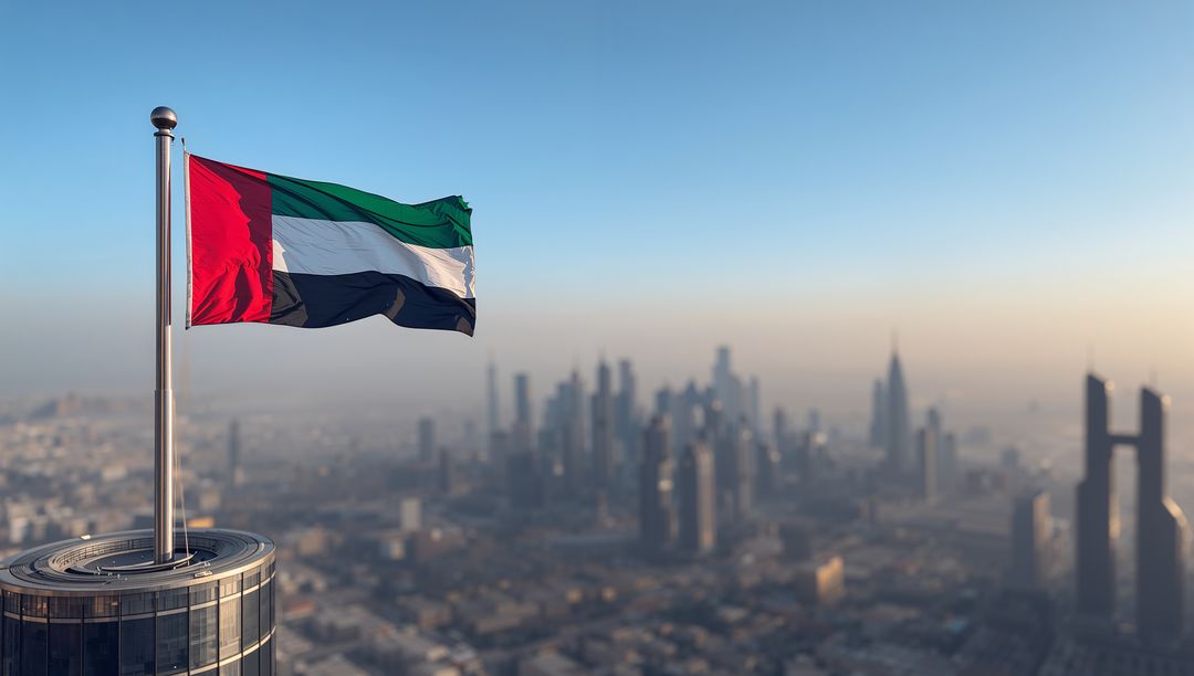 UAE flag waving on rooftop overlooking Dubai skyline at golden hour