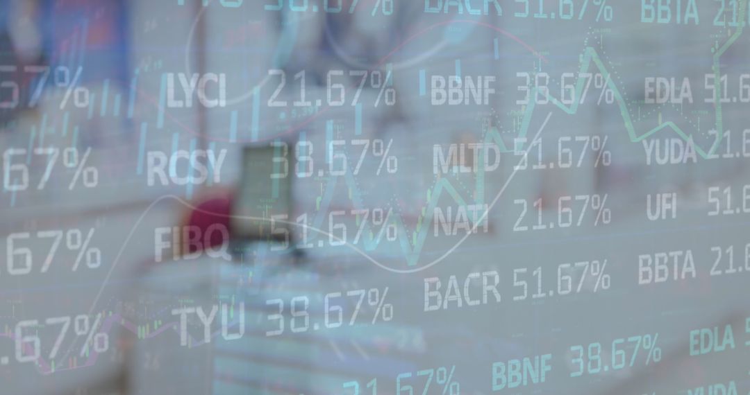 Digital Financial Data Overlaying Busy Workplace Environment