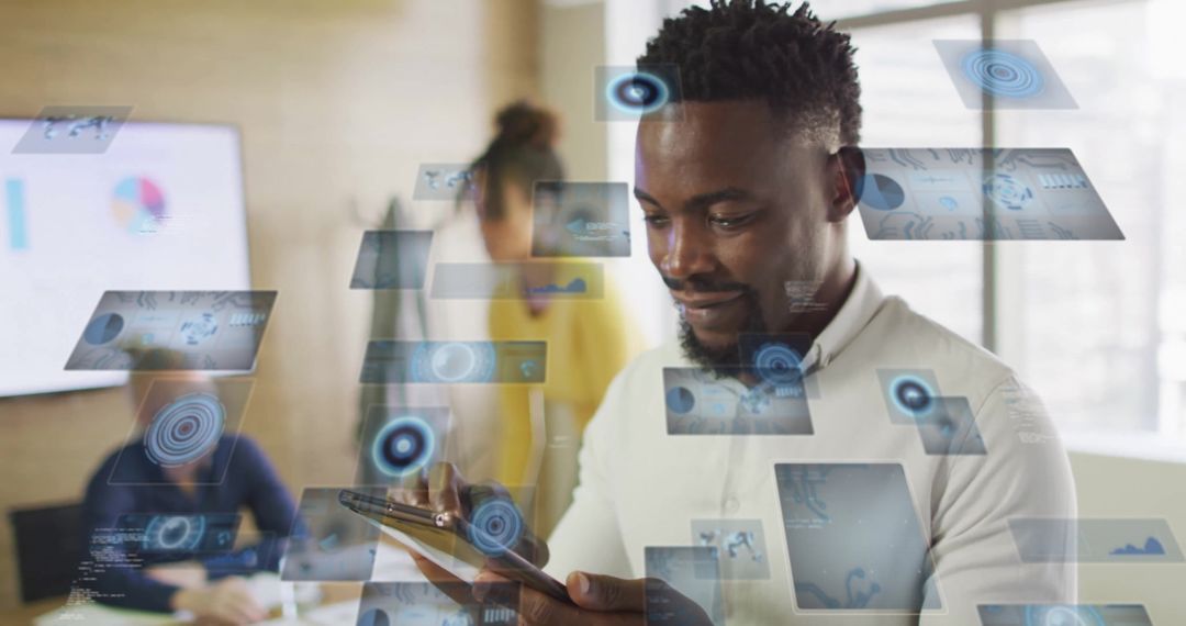 Businessman Using Interactive Digital Screens in Modern Office Environment